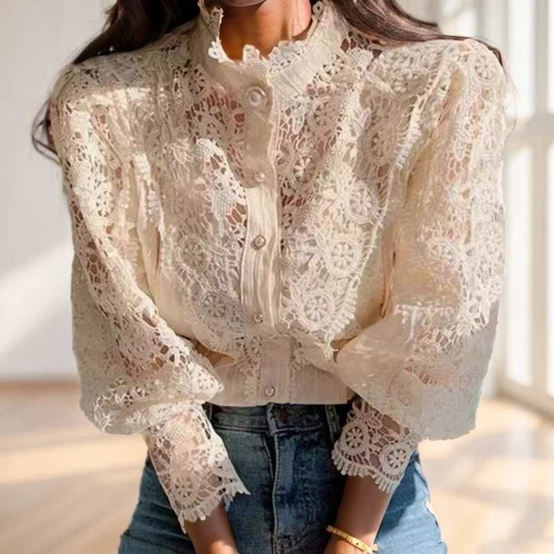 Fashion Petal Sleeve Lace Blouses Women Stand Collar Shirts Female Hollow Out Patchwork Ladies Top Flower Blouse Blusas 410G