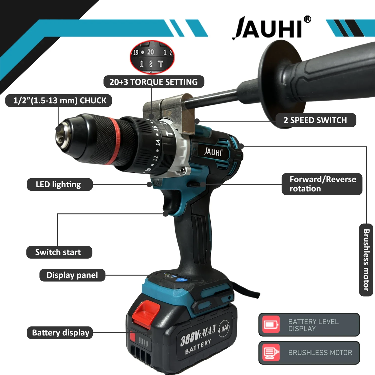 JAUHI-18v Cordless Brushless Lithium-Ion Drill, 13mm Electric Hand Drill Screwdriver For Makita Batteries, Home Power Tools