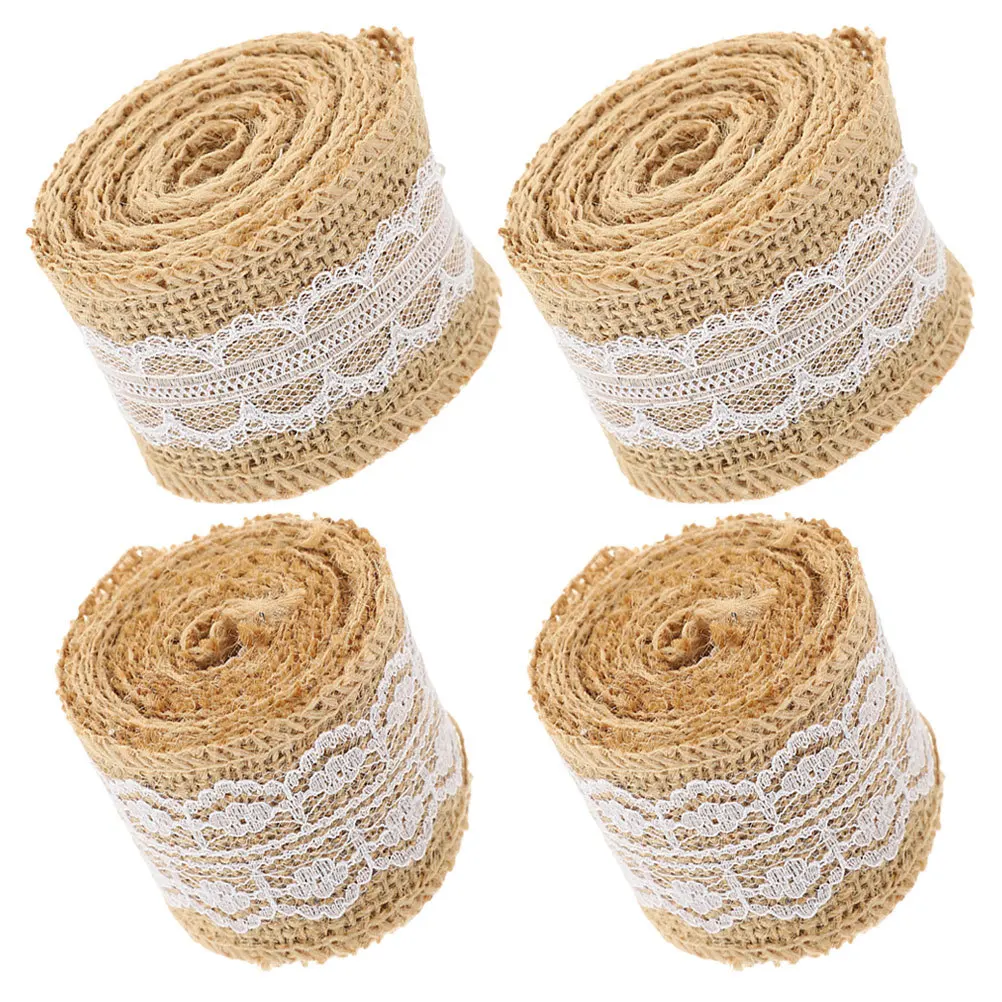 4 Rolls DIY Napkin Rings Natural Burlap Bands with Lace Trim Reusable Wedding Party Decorations Cuttable Present Packing Ribbon