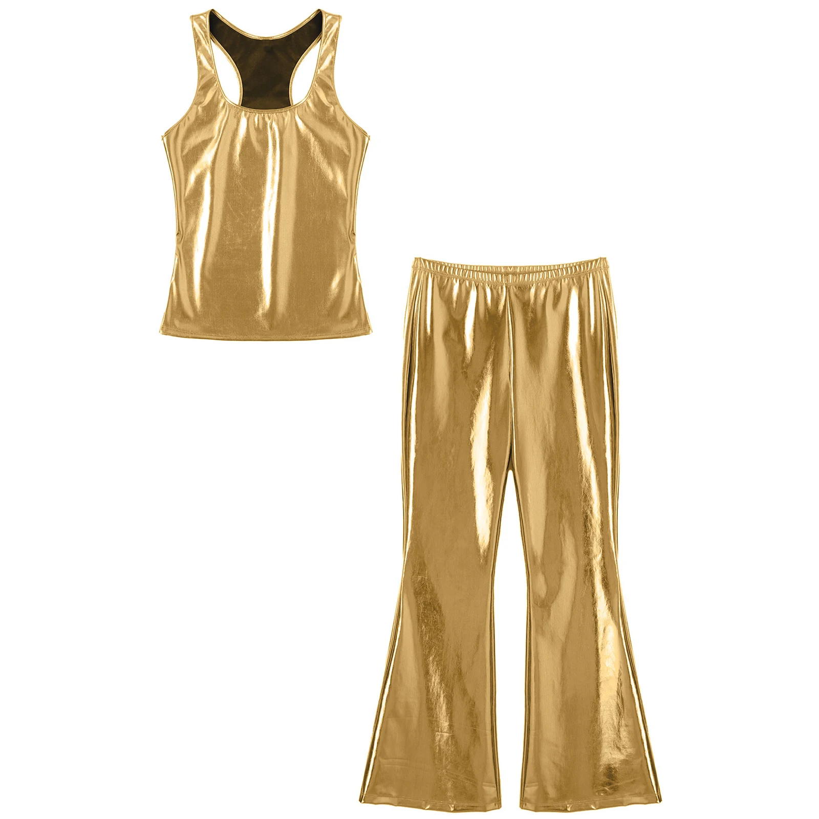 Womens Disco Dance Clubwear Metallic Shiny Sleeveless Tank Top Elastic Waistband Flare Pants 70\'s Theme Party Cosplay Costume