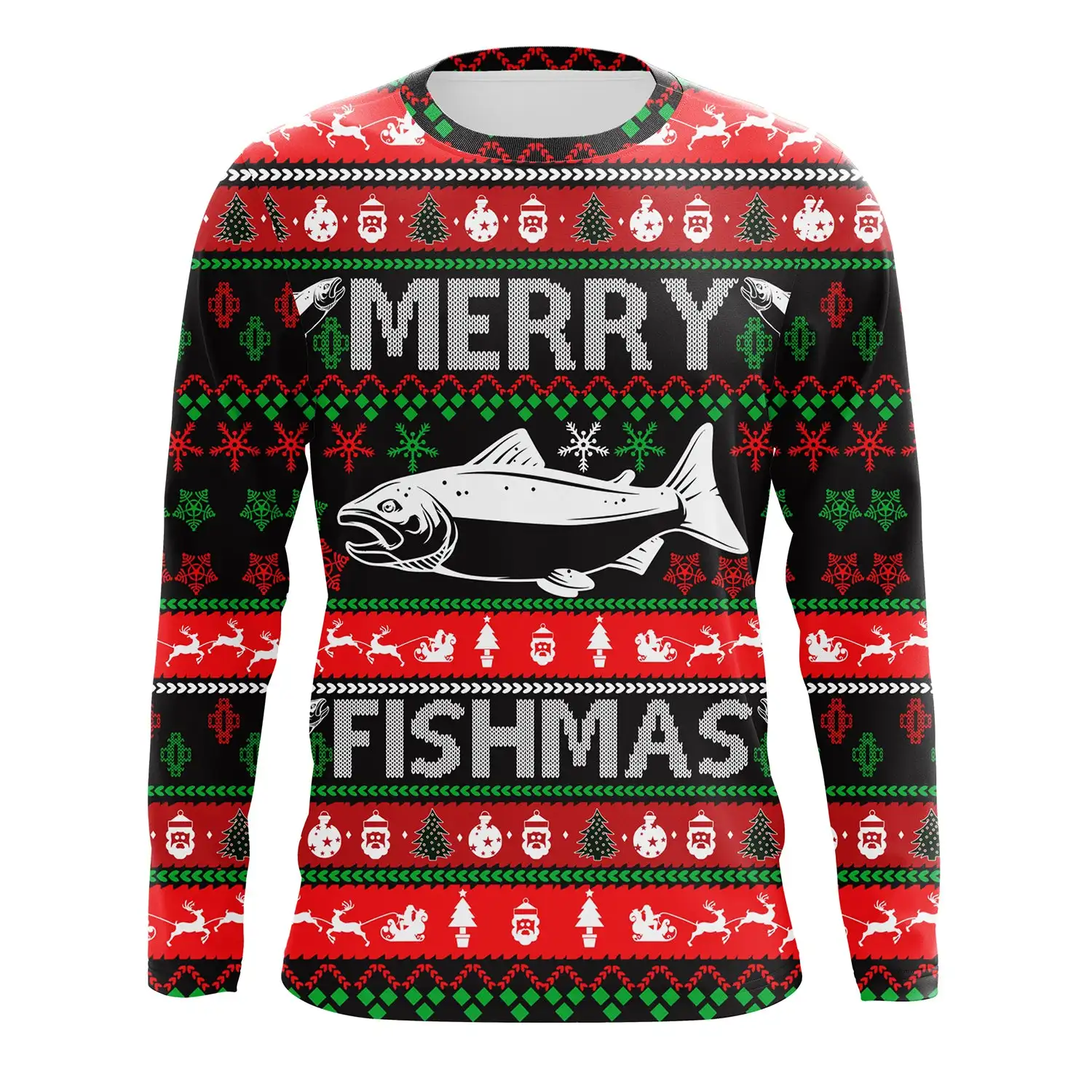 قميص صيد سمك السلمون القبيح المضحك لعيد الميلاد من Merry Fishmas بأكمام طويلة ورقبة مستديرة مع طباعة كاجوال، قابل للتنفس، qui