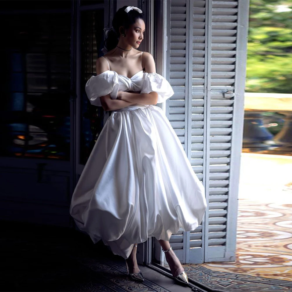 Spaghetti Straps Two Piece Wedding Dress With Detachable Sleeves Simple A Line Mid Calf New Bridal Photo Shoot Dress TSWD729