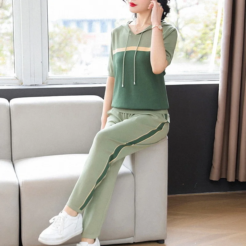 Two piece Knit Set Women\'s 2023 Summer New Slim Splicing Short sleeved Hooded Top+Pants Casual Knitwear Female Clothing Sets