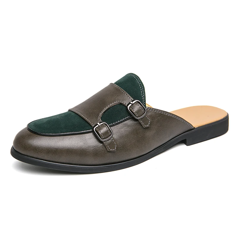 Fashion Black Green Monk Strap Half Slippers Driving Shoes For Men Casual Suede Leather Mules Breathable Loafer Zapatos Hombre
