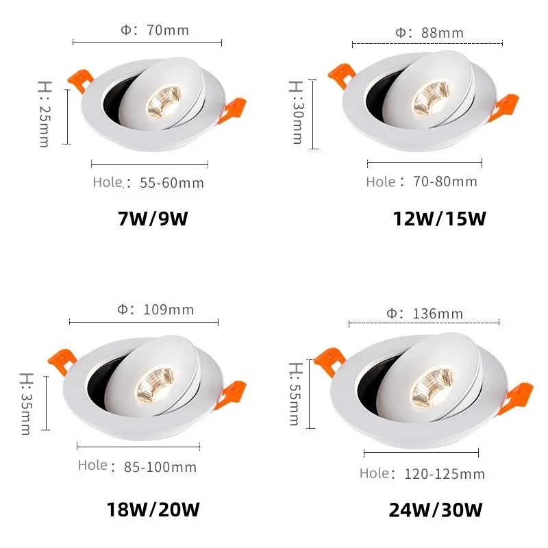 Ajustável regulável LED Spot Downlight, lâmpada embutida do teto, interior branco e preto, sala de estar, 360 °