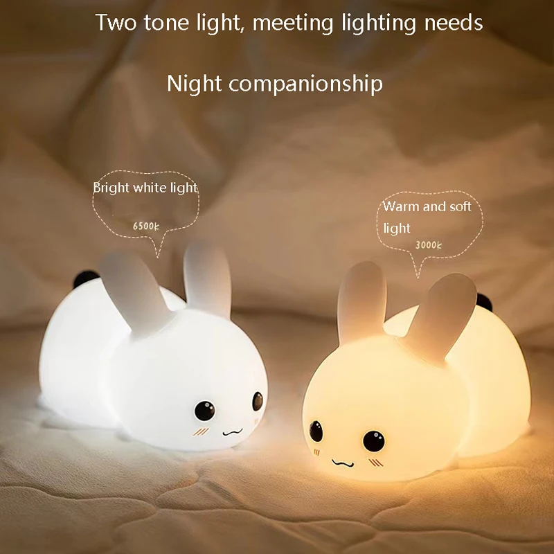 Imagem -06 - Silicone Jade Coelho Led Night Light Carregamento Usb Dual Tone Estúpido Coelho Bonito Patting Sono das Crianças