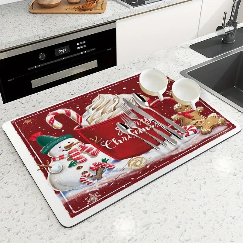 VIKAMA Red “Merry Christmas” Drain Mat, Christmas Hot Cocoa Gingerbread Man Absorbent Kitchen Countertop Mat, Home Decor