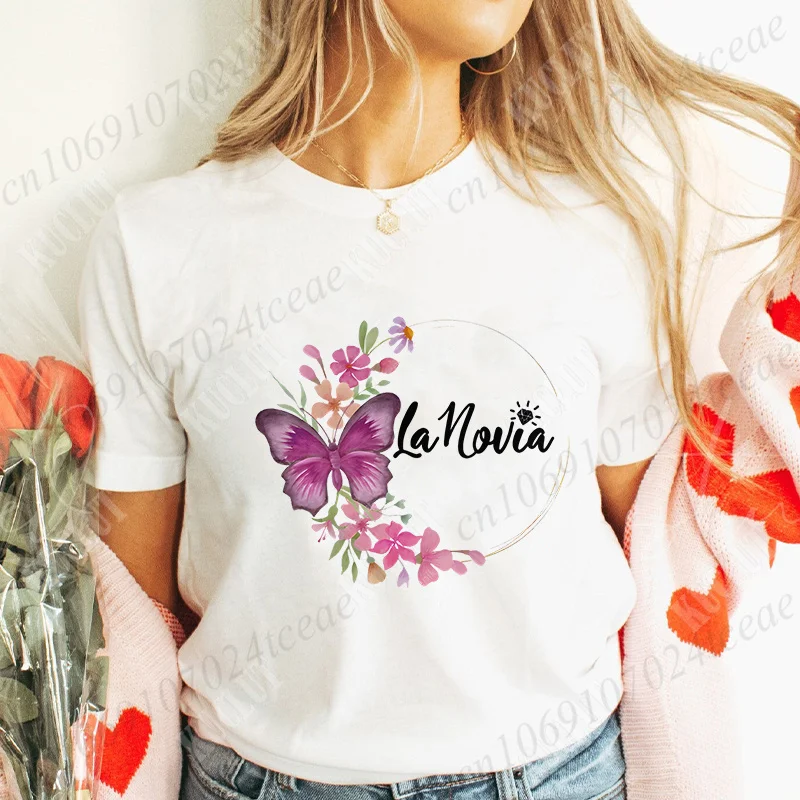 Spanish Bridal Wedding Team Bride Squad T-Shirt Bachelorette Party Tops Spanish Women Short Sleeved Flower Future Bride Tees