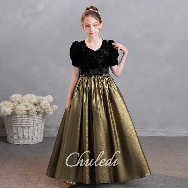 Girls Dresses Black Velvet Glitter Gold Hem Flared Bubble Sleeve Flower Girl Dresses Bridesmaid Dresses First Evening Gowns Dres