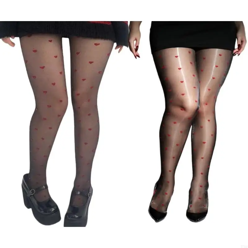 

77HE Red Heart Pattern Sheer Pantyhose Matte Finish Oil Shimmery Tights Leggings