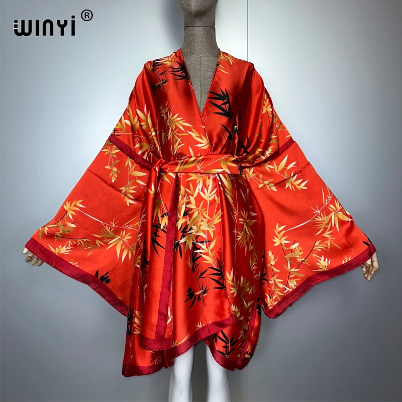 WINYI new kimono beach outfits women Swim Suit Cover up boho Cardigan stitch Self Belt Holiday long Sleeve coat holiday kaftan