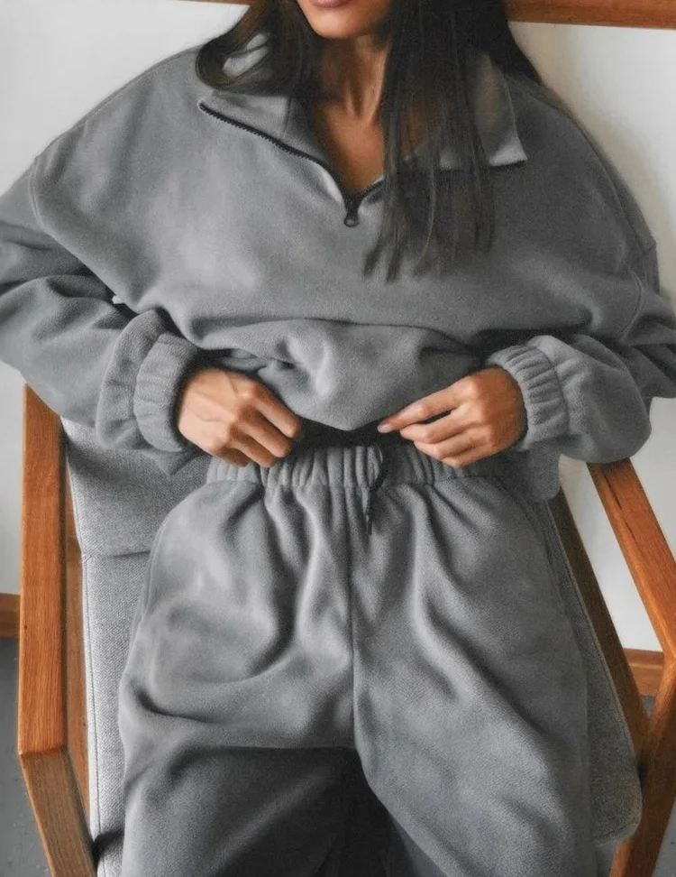 

Новинка 2023 года, осенне-зимние комплекты брюк, винтажные комплекты для женщин, модный повседневный комплект из 2 предметов с длинными рукавами, однотонная молния на шнуровке