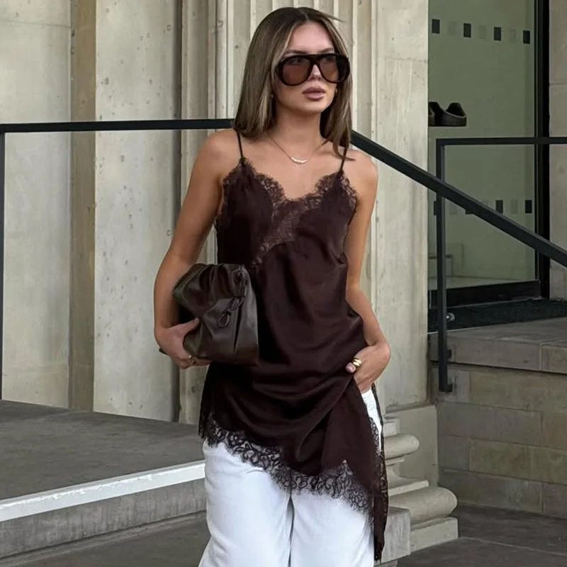 

TARUXY Lace Irregular Mini Dress Women's Backless Slit Sexy Spaghetti Strap Dress Evening Party Slim Lady Dresses High Waist