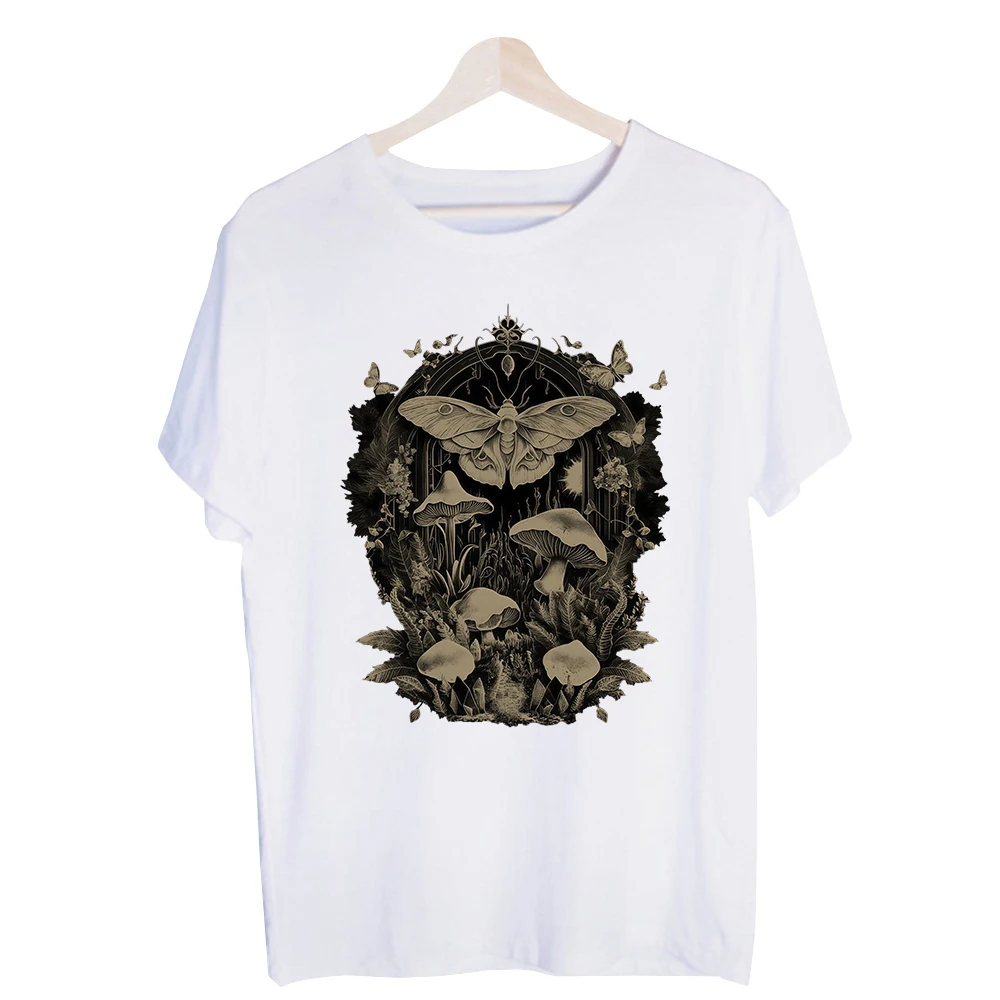 Men's Moth and Mushroom Graphic Tee, Short Sleeve Crew Neck T-Shirt for Nature-Inspired Casual Wear and Summer Outfits