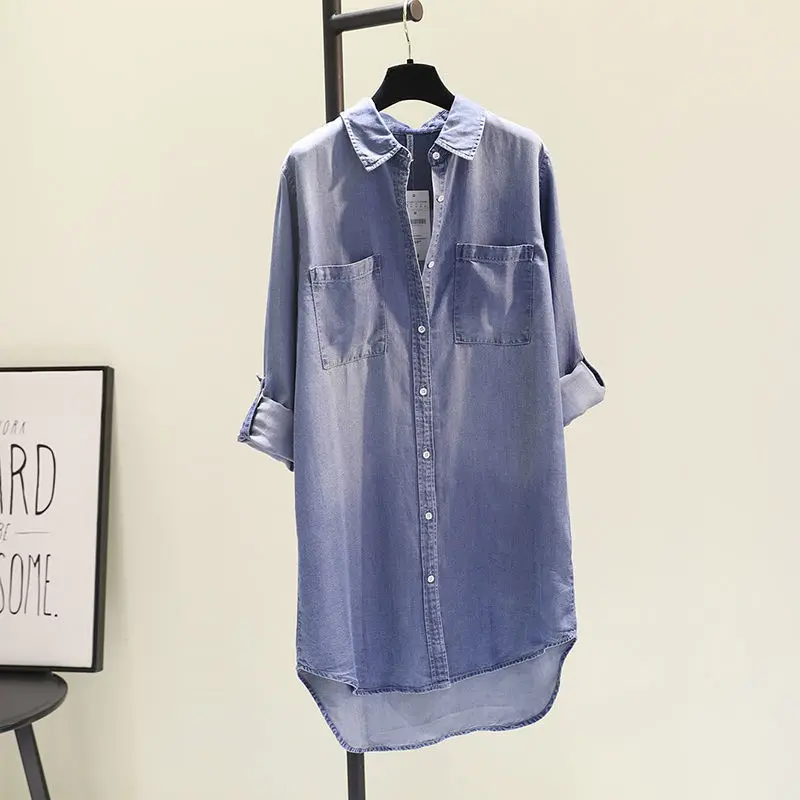 Mid length denim lined dress with cotton for women 2023 Spring and Autumn new double pocket rolled sleeve thin shirt for women