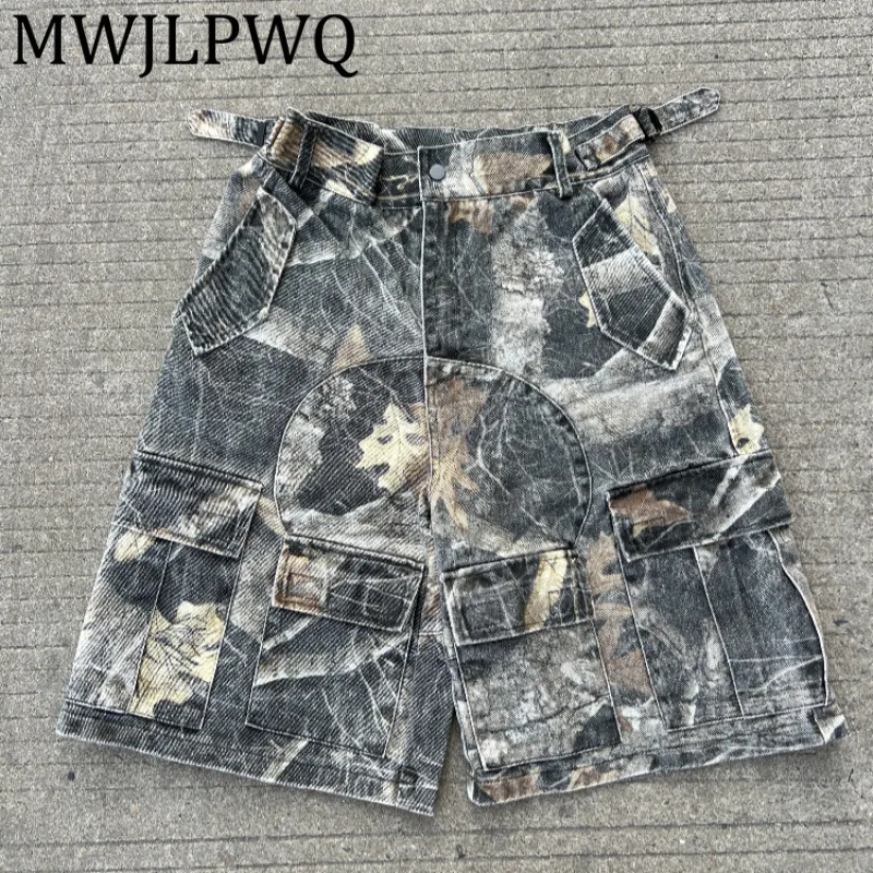 

MWJLPWQ American Style Branch Denim Cargo Camouflage Shorts Male High Street Hiphop Unisex Straight Loose Pants Summer New 12467
