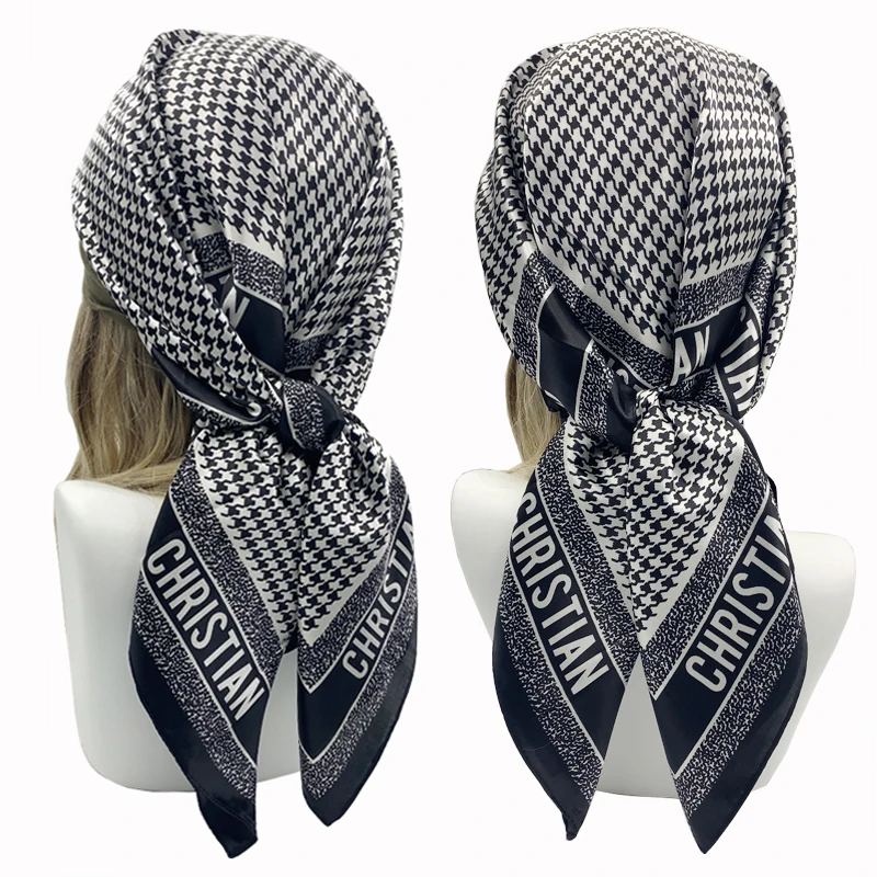 90*90cm sciarpa quadrata di seta donna di marca di lusso sciarpe Hijab di raso scialle femminile stampa Headwraps Bandana Foulard marmitta fascia