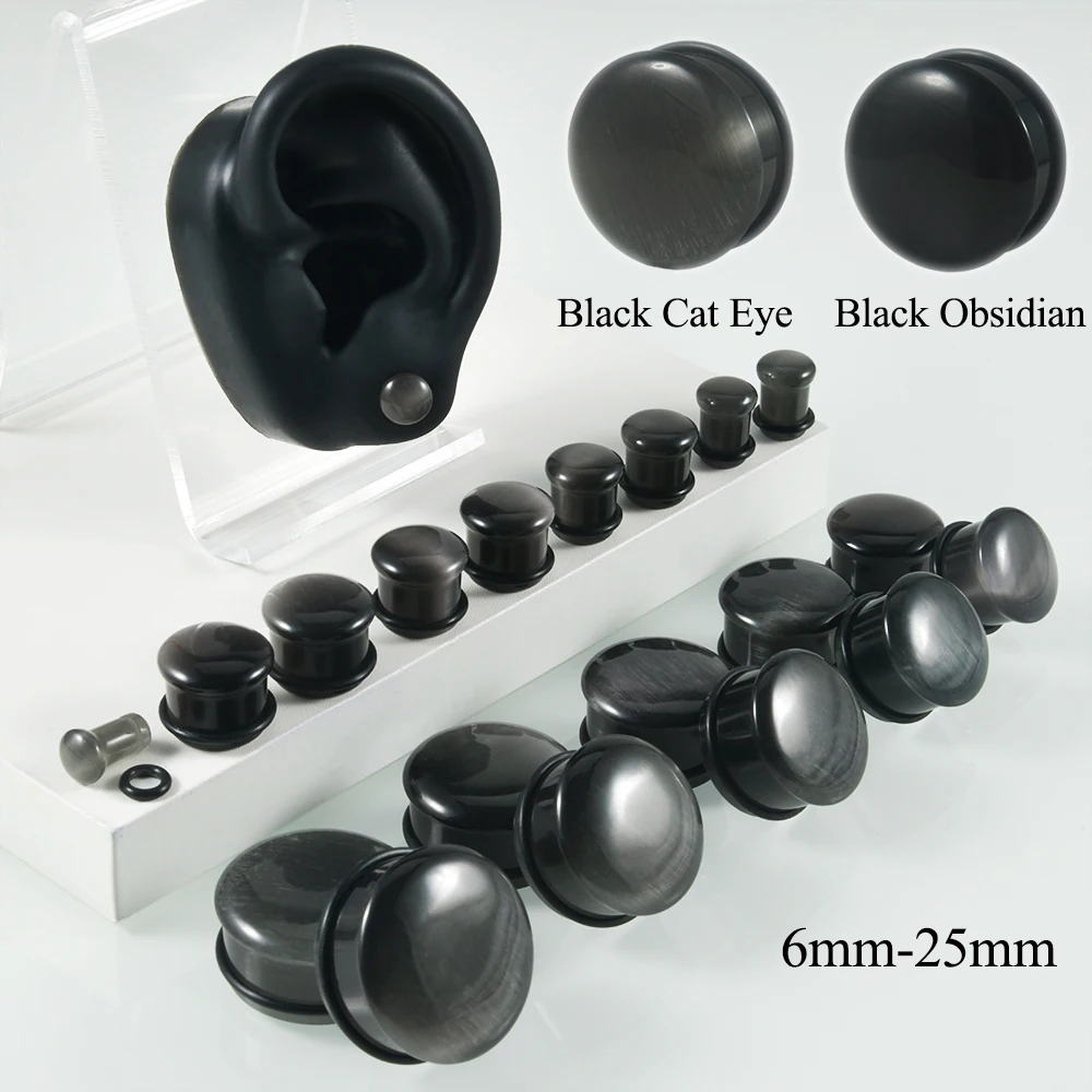 1Pai Black Obsidian Stone Single Flared Ear Plug Polished Convex Surface Solid Cat Eye Ear Expander Gauge Piercing Jewelry 2G-1\