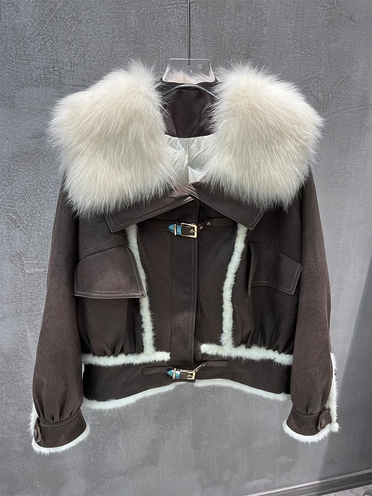 เสื้อแจ็คเก็ตขนเป็ดสำหรับผู้หญิง ปี 2025  คอปกขนสุนัขจิ้งจอกแท้ แจ็คเก็ตสั้น เสื้อผ้า แจ็คเก็ตพัฟเฟอร์เนื้อนุ่ม แจ็คเก็ตหนังกลับ  เสื้อโค้ทขนเป็ดหนาสำหรับผู้หญิง