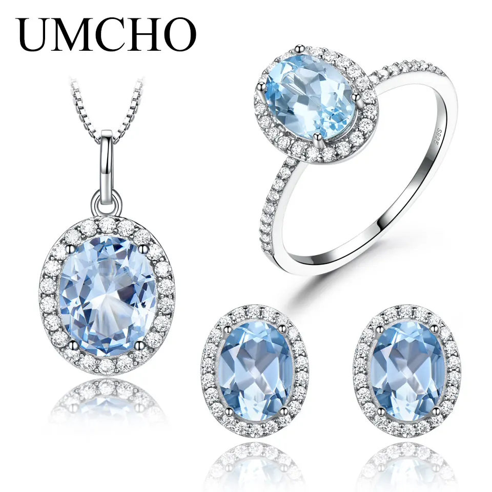 

Nano Sky Blue Jewelry Set Oval 6*8mm Pendant Ring Stud Earrings Engagement Wedding Set for Woman 925 Silver Jewelry Set