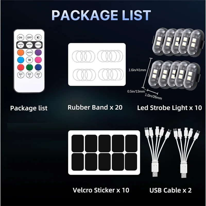 AB66-10PCS LED Lights For Car With Remote Control–Wireless High Brightness 8 Colors Strobe Light USB Charge