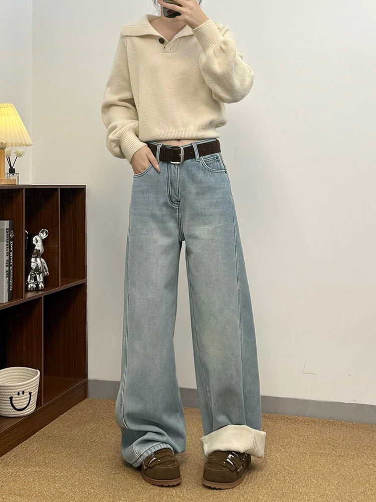 

Зимние теплые широкие брюки с высокой талией и широкими штанинами, женские свободные брюки прямого кроя длиной до пола, повседневные винтажные брюки