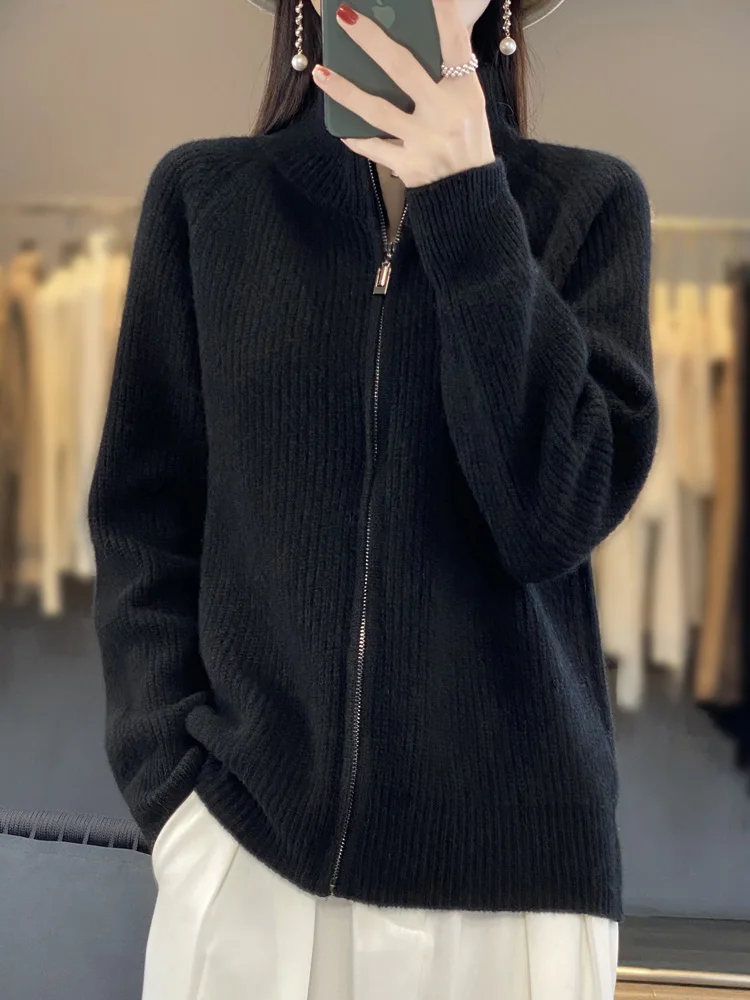 ANGEL Autumn Winter Women Mock Neck Zippers Sweater Cardigan 100% Merino Wool Knitwear Cashmere Chic Warm Long Sleeve Thick Coat