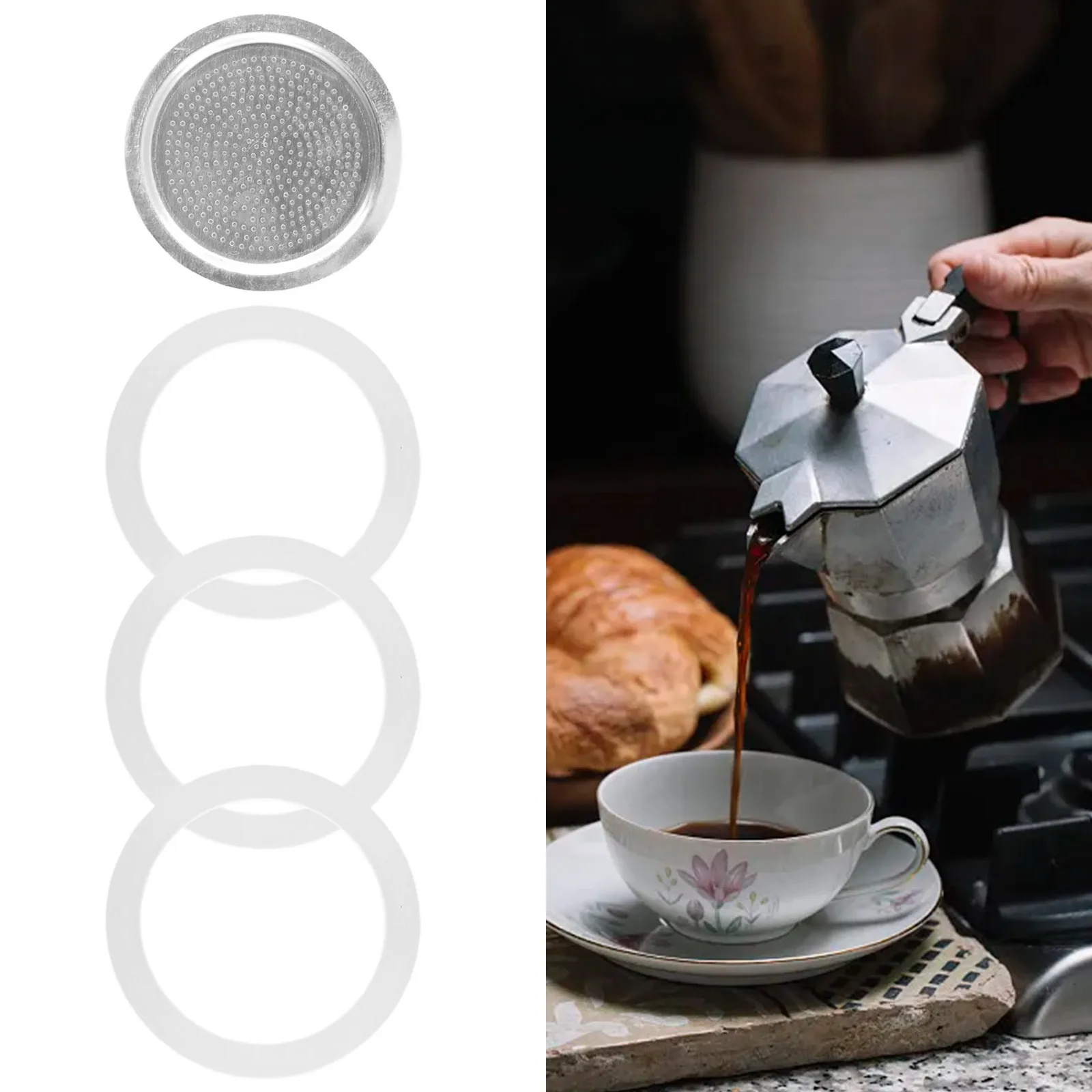 Seal Silicone Coffee Ring Gaskets And Aluminum Moka Pot Filters Replacement Kit For Kitchen Espresso Makers Accessories