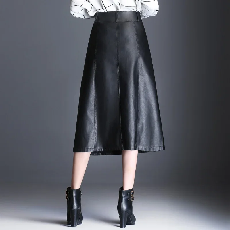 Autumn Winter Black A-Line PU Leather Skirt For Women High Waist 3XL Keen Length Skirts