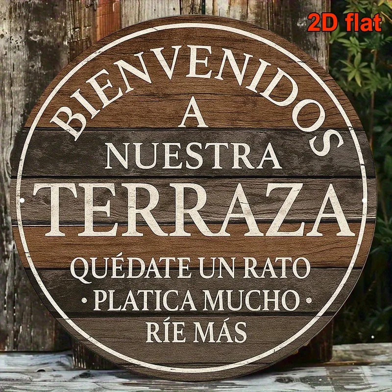 1 plaque décorative ronde en aluminium espagnol, style vintage, avec inscription « Bienvenue sur la terrasse », décoration de patio espagnol.