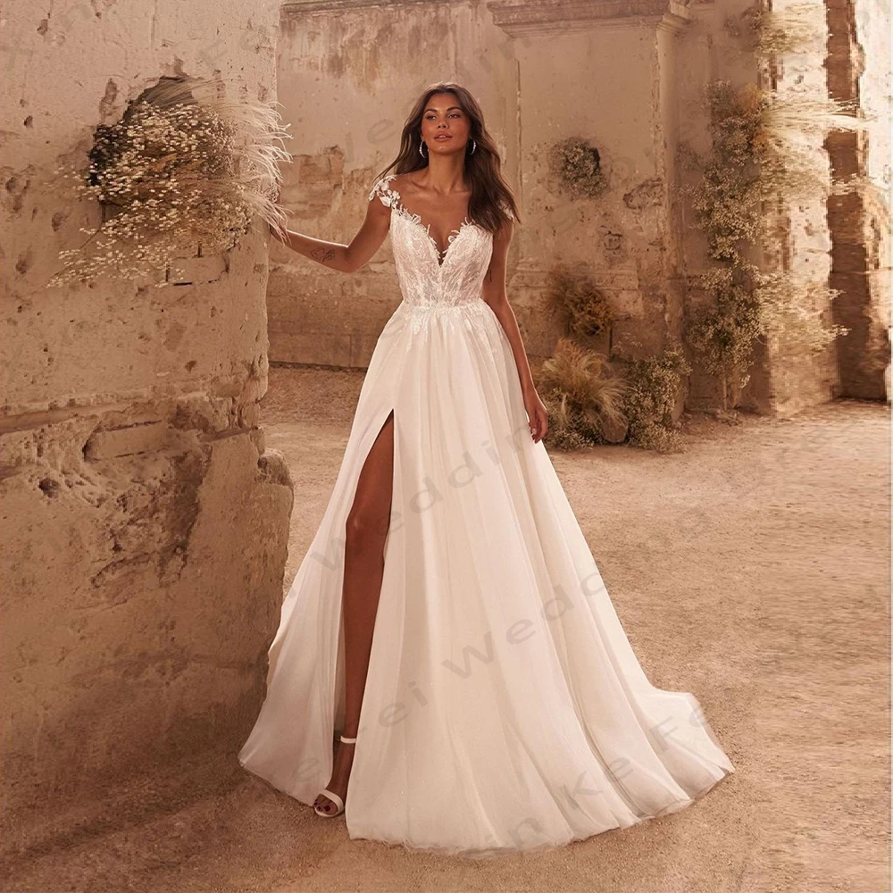 Robes de mariée sirène dos nu sexy, appliques en dentelle à fente haute, patients de vadrouille simples, exquises, hors de la fibre initiée, quoi que ce soit