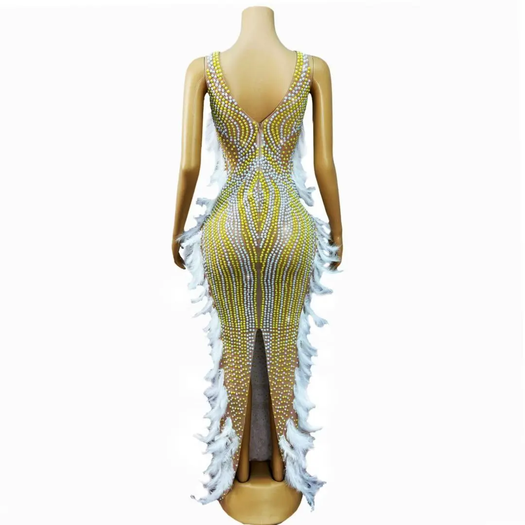 Zhuhai Elegant Nude Mesh Gradient Yellow Rhinestone Bodycon Long Dress Sleeveless Round Neck White Feather Split Party Outfit