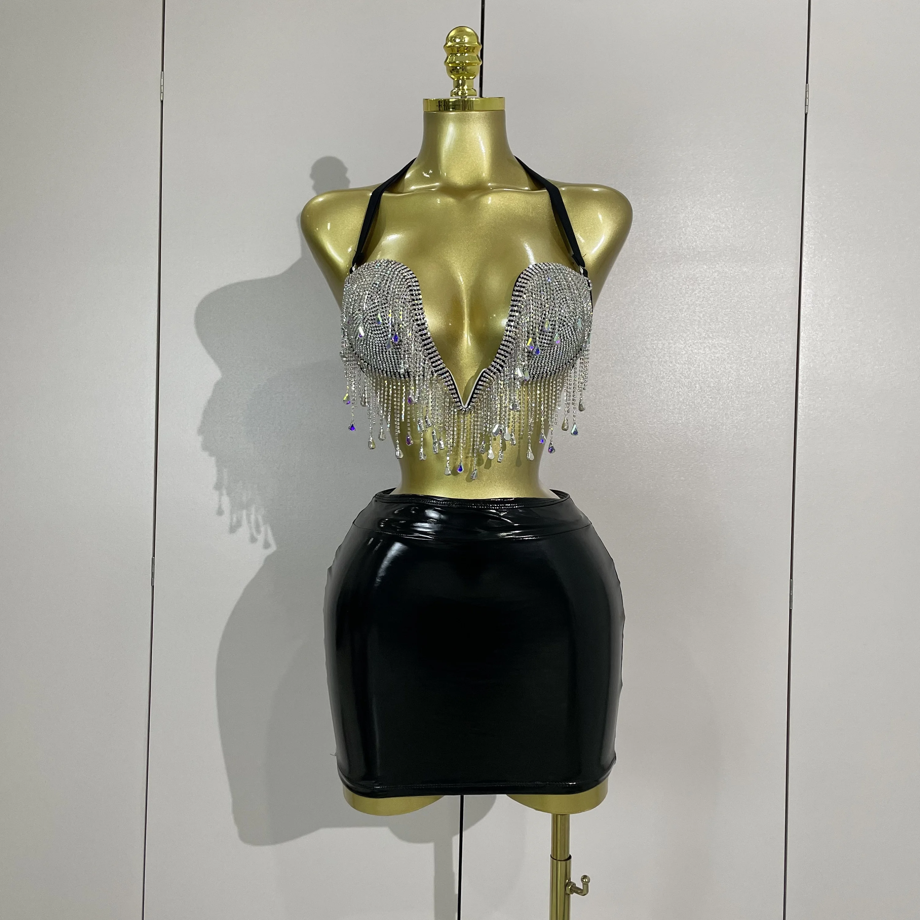 

АКЦИЯ Блестящий топ с бриллиантами и цепочкой, мини-платье из двух предметов, женское вечернее праздничное платье для ночного клуба, фестивальный наряд, сексуальный сценический костюм