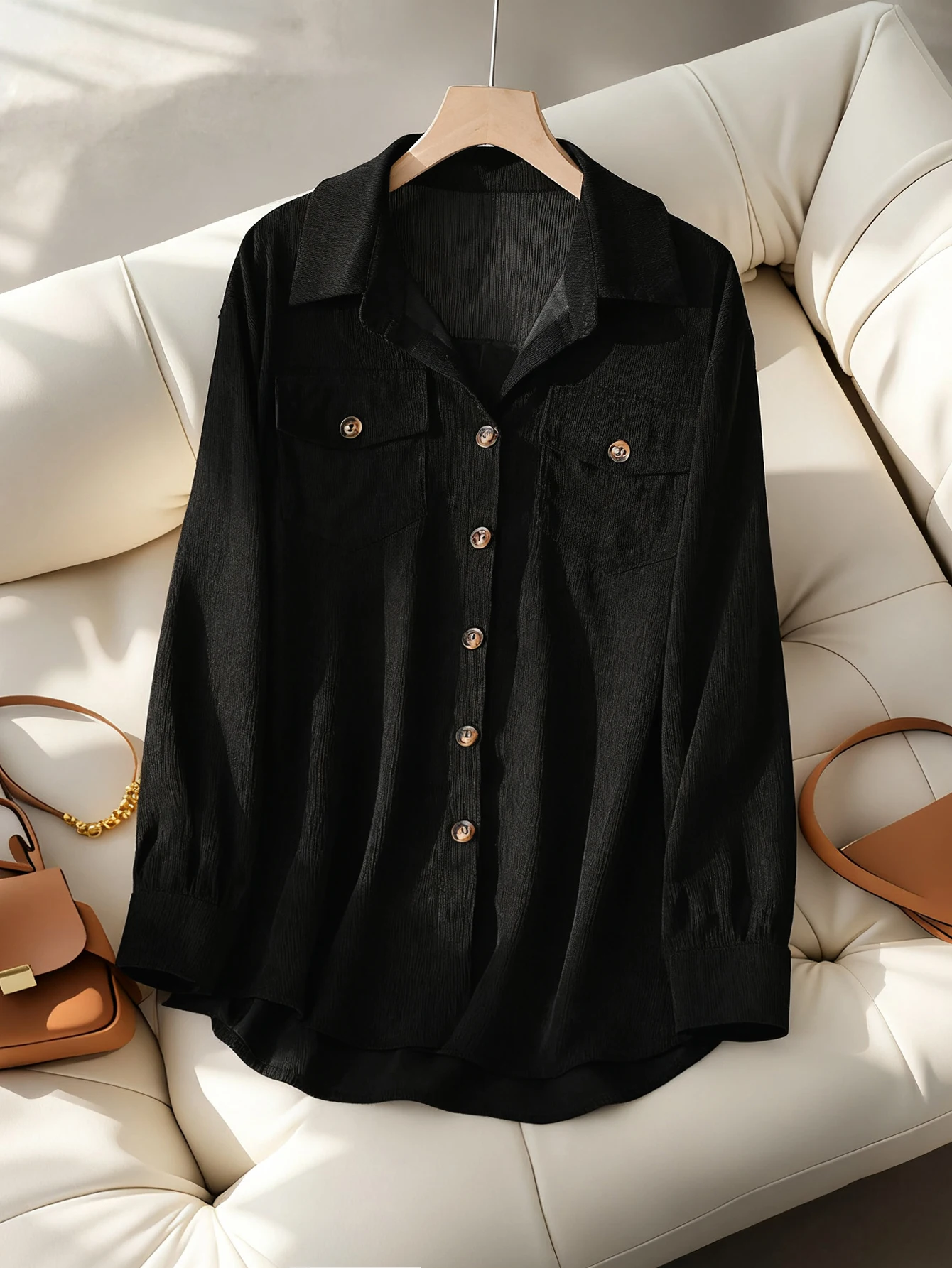 

Solid Black Long Sleeve Shacket for Women Vintage Textured Loose Fit Blouse Top Casual Button Up Shirt Jacket for Spring Autumn