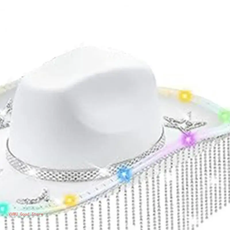 Vacation Cowboy Hat Glowing Panama Hat Crystal Tassels Hat Crystal Hand Beading Crystal for Carnivals Music Festival