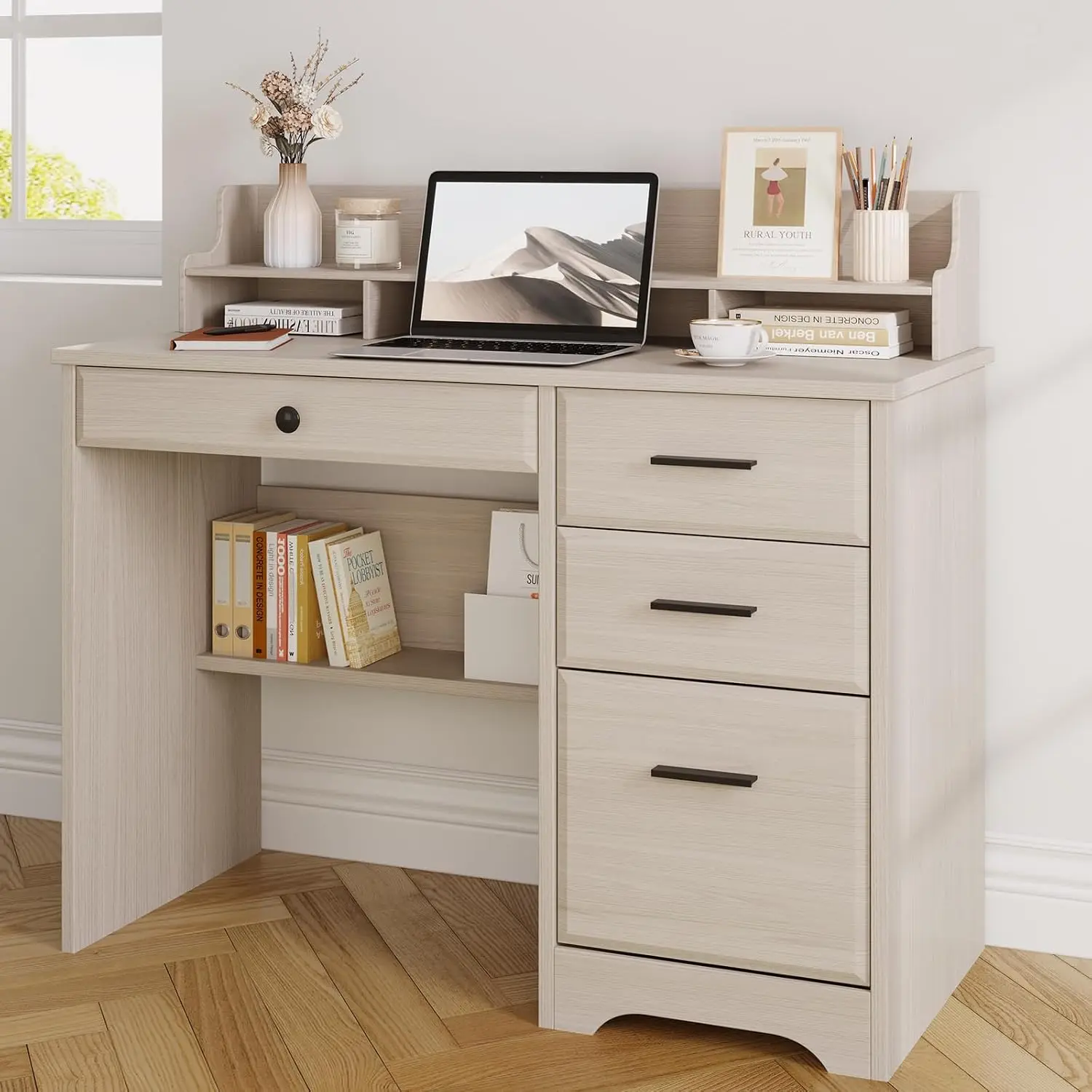 Small Desk with 4 Drawers & Monitor Stand, Home Office Computer Desk with File Drawer & Shelves, Writing Study Desk, Customized