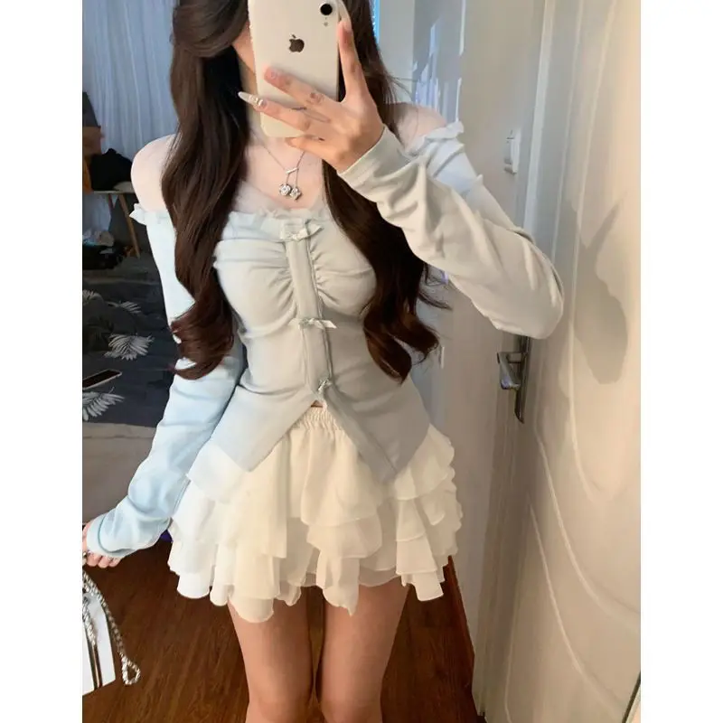 Sets for Women 2 Pieces Outfit New in Matching Set Y2K Two Piece Set Korean Fashion Long Sleeve Elegant Top and White Skirt Cute