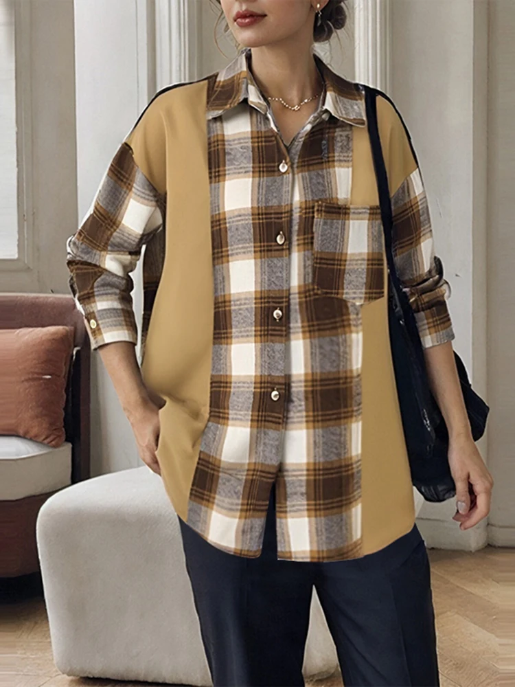 

ZANZEA Women Shirts Casual Loose Buttons Plaid Tops Autumn Fashion Long Sleeve Lapel Collar Blusas 2025 Printed Stitching Blouse