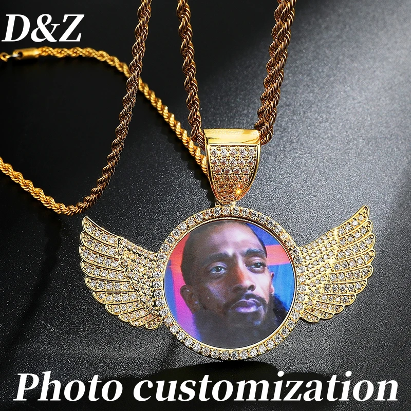 D&Z Hip Pop Wing Custom Photo Pendant Necklace Fashion Holds Pictures Memory DIY Picture Necklace Jewelry for Women Men Gift