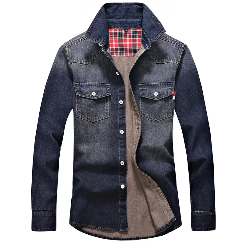 Spring Men's Denim Shirt High Quality Solid Color Washed Denim Coats Business Casual Long Sleeved Men Shirts 4XL Men Clothing