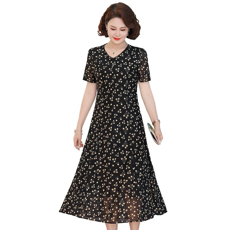 ผู้หญิงดอกไม้พิมพ์ชุดชีฟอง V คอ Elegant Office A-Line Fairy Dresses Chic ผู้หญิง Party Vestido