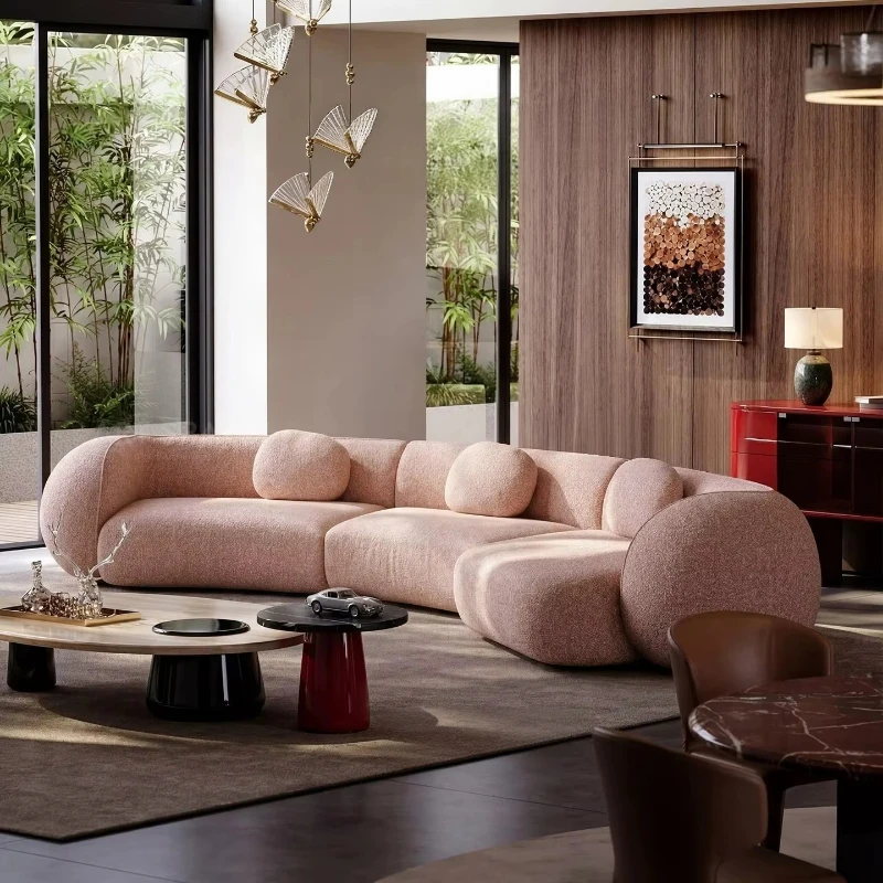Italian simple cotton and linen upholstered sofa, walnut-shaped sofa, curved, home furniture, simple design.