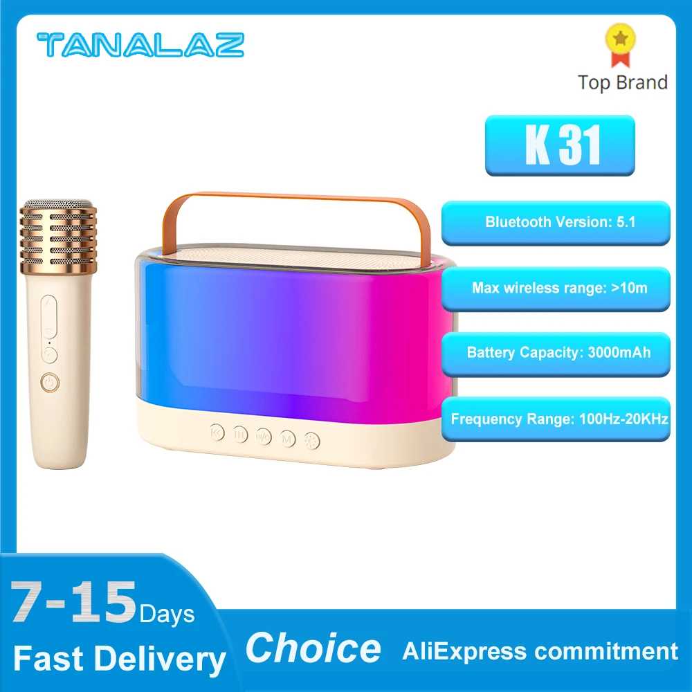 

TANALAZ K31 Portable Karaoke Machine Bluetooth 5.1 Speaker 3000mAh Battery KTV Wireless Microphones Stereo Family Singing Gifts