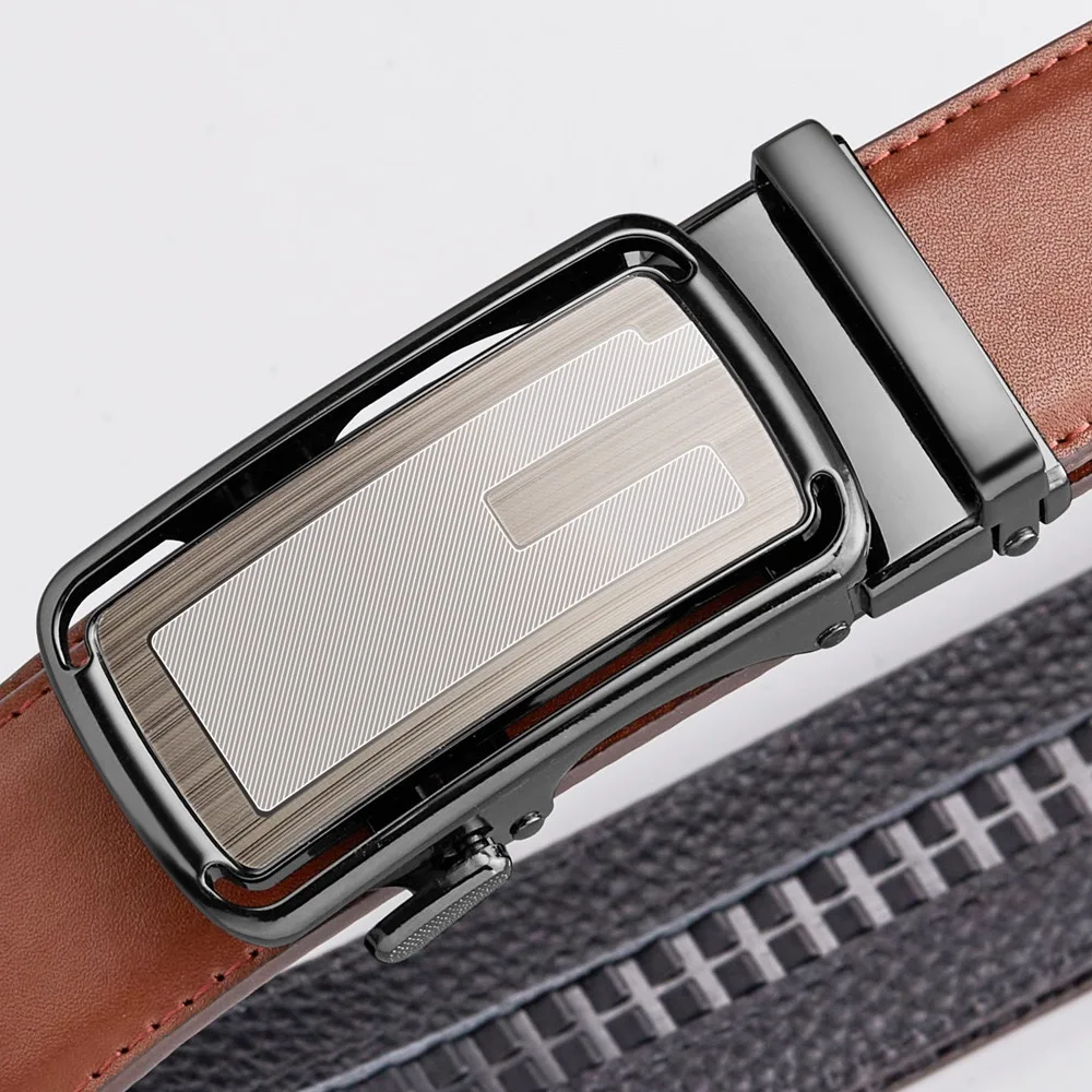 حزام رجالي من الجلد الطبيعي مع طبقة علوية من جلد البقر وحزام بإبزيم معدني أوتوماتيكي، حزام عمل عصري وغير رسمي + صندوق هدايا