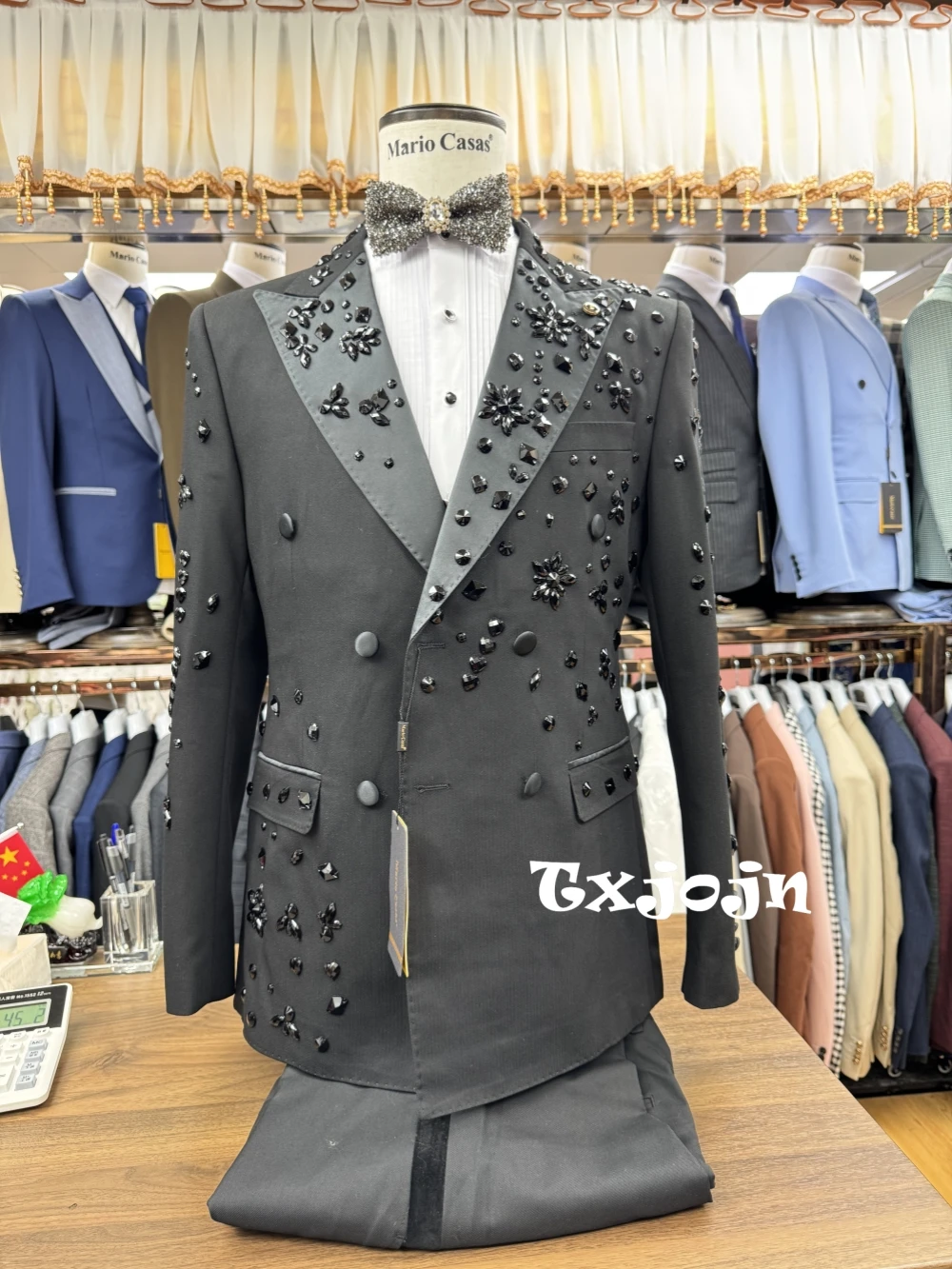 

Luxurious Rhinestones Men's Suit 2 Pieces Wedding Groom Tuxedo Black Double Breasted Suit Set For Men Party Prom Wear Customized