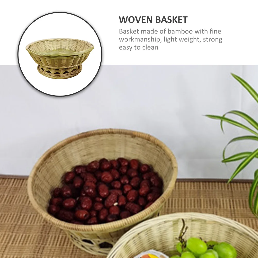 

Household Rattan Woven Storage Basket Bamboo Round Tray Handheld Sundries Organizer Fruit Bread Display Tray