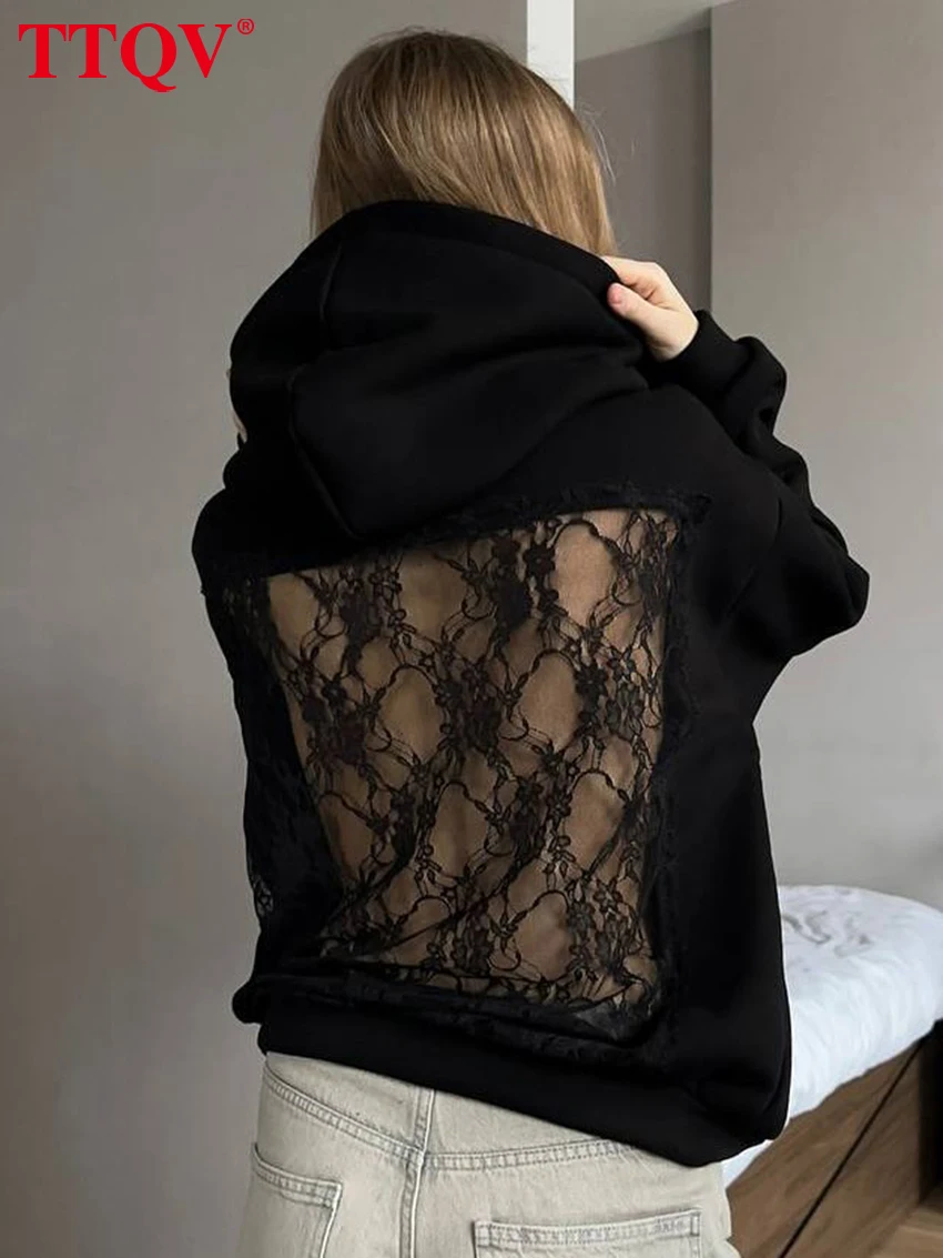 

TTQV Fashion Loose Black Women's Shirt Spring Hooded Long Sleeve Lady Shirts Elegant Classic Lace Spliced Top Female Clothing