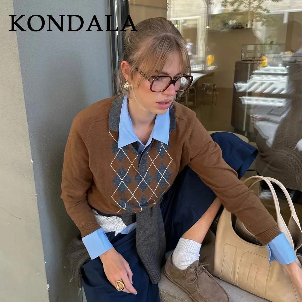 콘달라 2025 가을 겨울 빈티지 체크 여성 폴로 셔츠 패션 우아한 니트 풀오버 브라운 여성 시크 셔츠