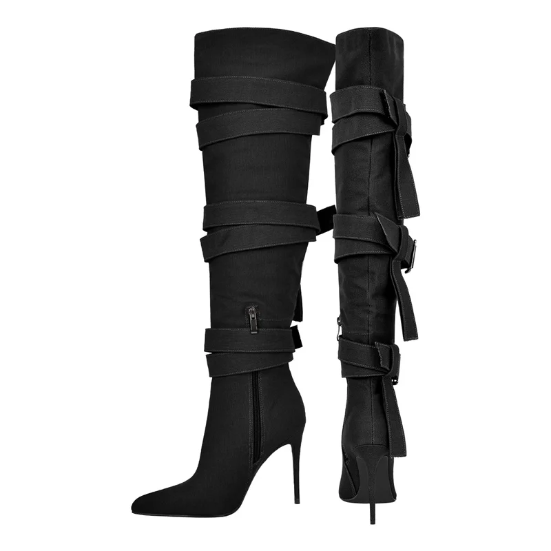 Onlymaker Women Pointed Toe Canvas Knee High Boots  Buckle Strap Thin High Heel Zipper Female Big Size Stiletto Boots