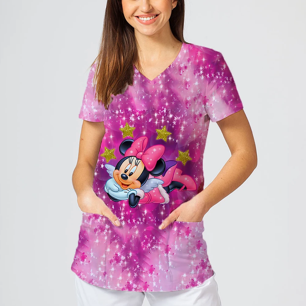 Young Trendy Y2K Style Disney Cartoon Character Printed Two Pockets Design Short Sleeves For Women Summer Lightweight T-shirts